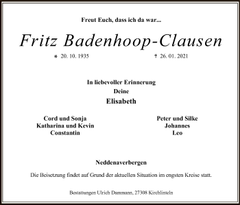 Traueranzeige von Fritz Badenhoop-Clausen von SYK