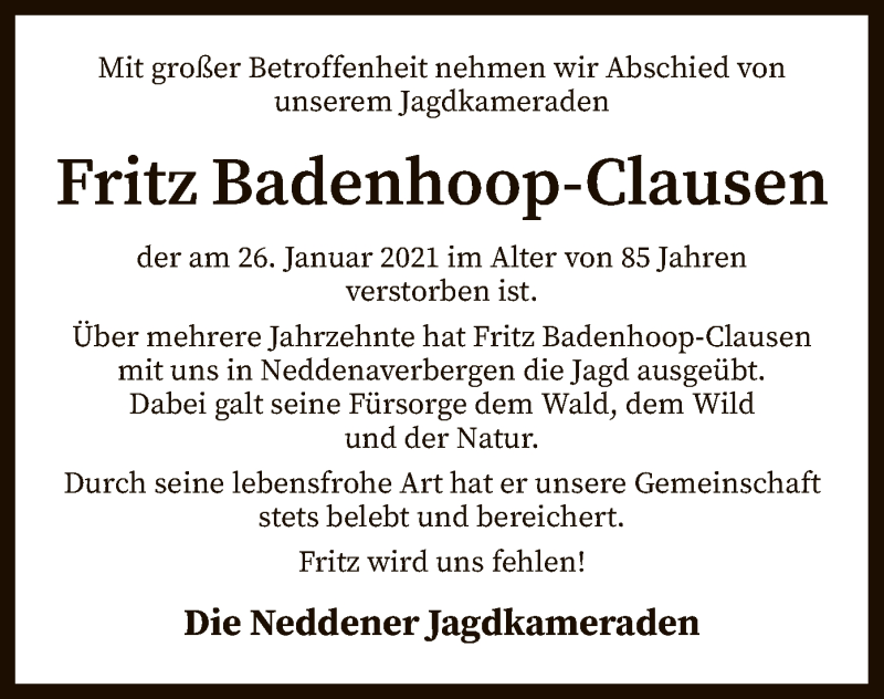  Traueranzeige für Fritz Badenhoop-Clausen vom 30.01.2021 aus SYK