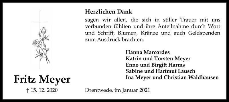  Traueranzeige für Fritz Meyer vom 23.01.2021 aus SYK