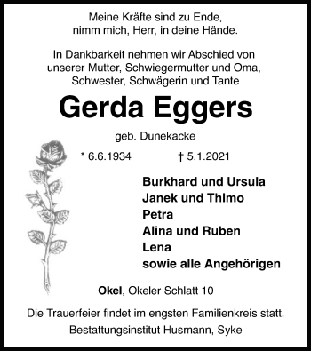 Traueranzeige von Gerda Eggers