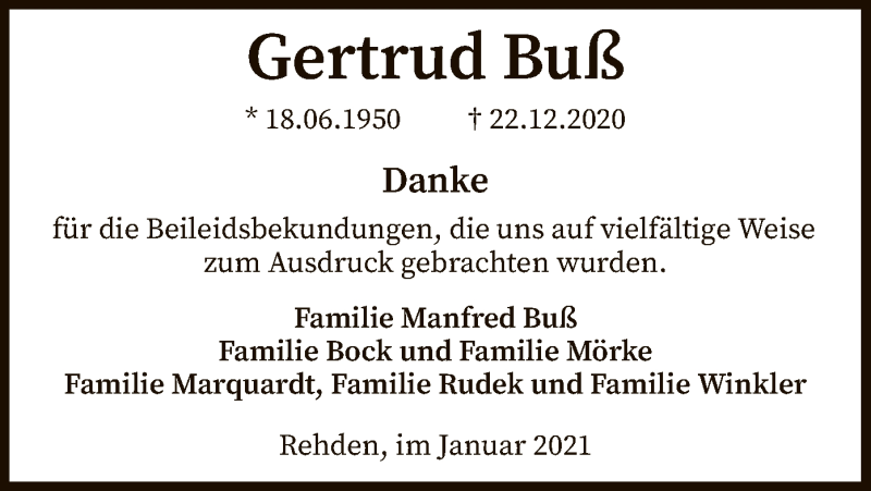  Traueranzeige für Gertrud Buß vom 30.01.2021 aus SYK