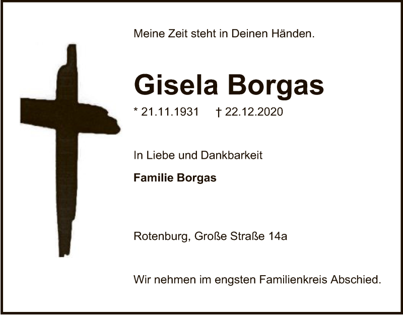  Traueranzeige für Gisela Borgas vom 05.01.2021 aus SYK