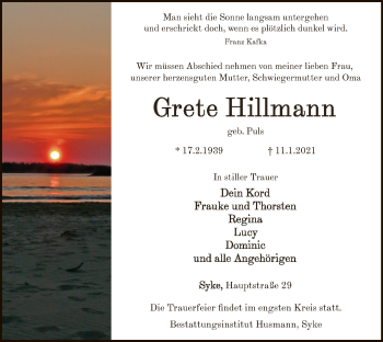 Traueranzeige von Grete Hillmann