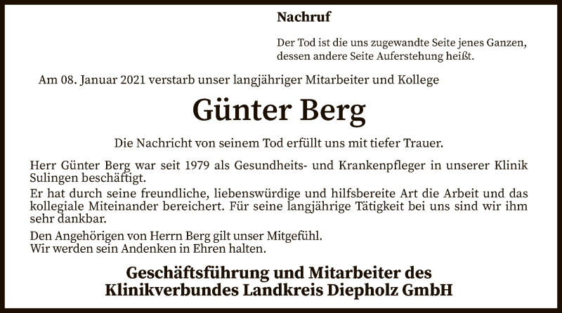  Traueranzeige für Günter Berg vom 13.01.2021 aus SYK