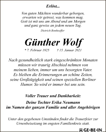 Traueranzeige von Günther Wolf von SYK