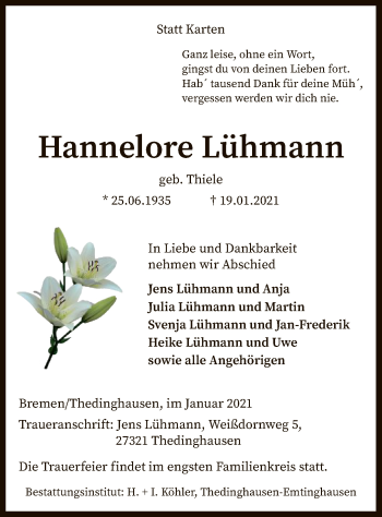 Traueranzeige von Hannelore Lühmann von SYK