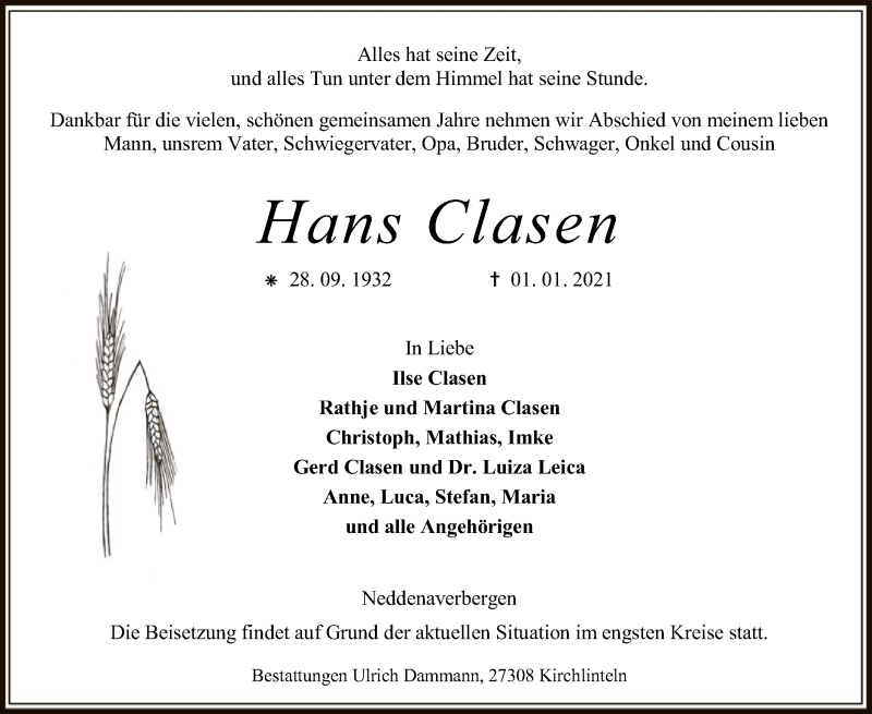  Traueranzeige für Hans Clasen vom 08.01.2021 aus SYK