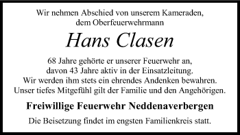 Traueranzeige von Hans Clasen von SYK