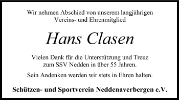 Traueranzeige von Hans Clasen von SYK