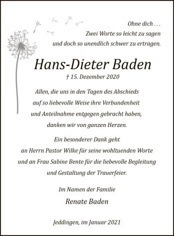 Traueranzeige von Hans-Dieter Baden von SYK