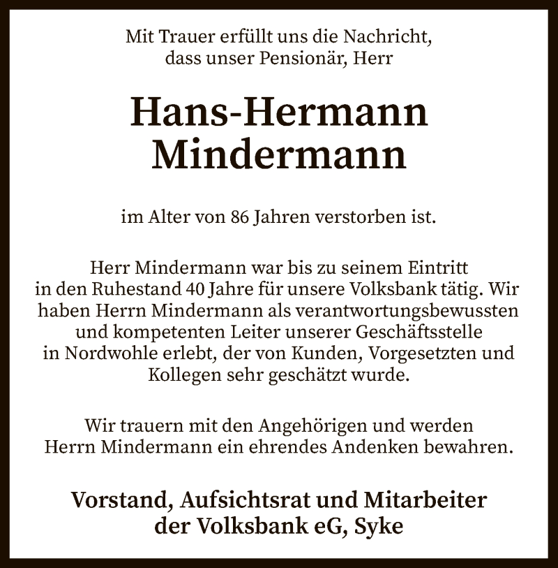  Traueranzeige für Hans-Hermann Mindermann vom 23.01.2021 aus SYK