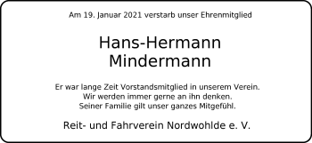 Traueranzeige von Hans-Hermann Mindermann von SYK