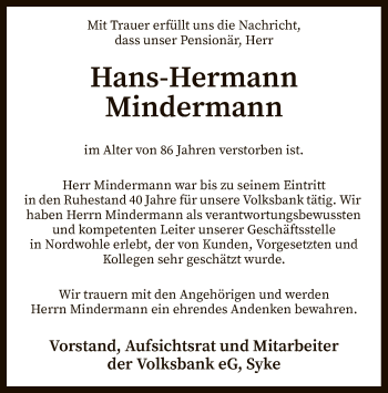 Traueranzeige von Hans-Hermann Mindermann von SYK