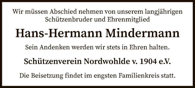  Traueranzeige für Hans-Hermann Mindermann vom 26.01.2021 aus SYK