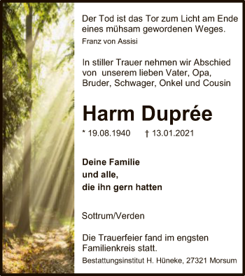 Traueranzeige von Harm Duprée von SYK