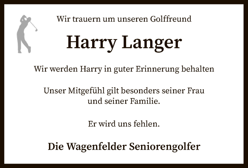  Traueranzeige für Harry Langer vom 27.01.2021 aus SYK