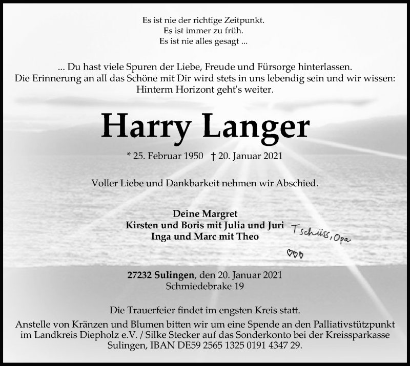  Traueranzeige für Harry Langer vom 23.01.2021 aus SYK