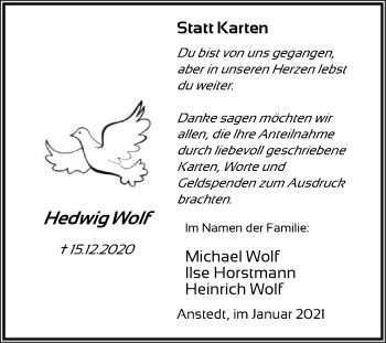 Traueranzeige von Hedwig Wolf von SYK