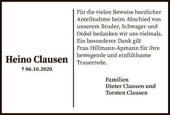 Traueranzeige von Heino Clausen von SYK