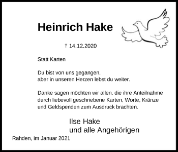 Traueranzeige von Heinrich Hake von SYK