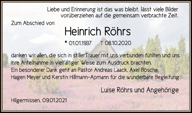  Traueranzeige für Heinrich Röhrs vom 09.01.2021 aus SYK