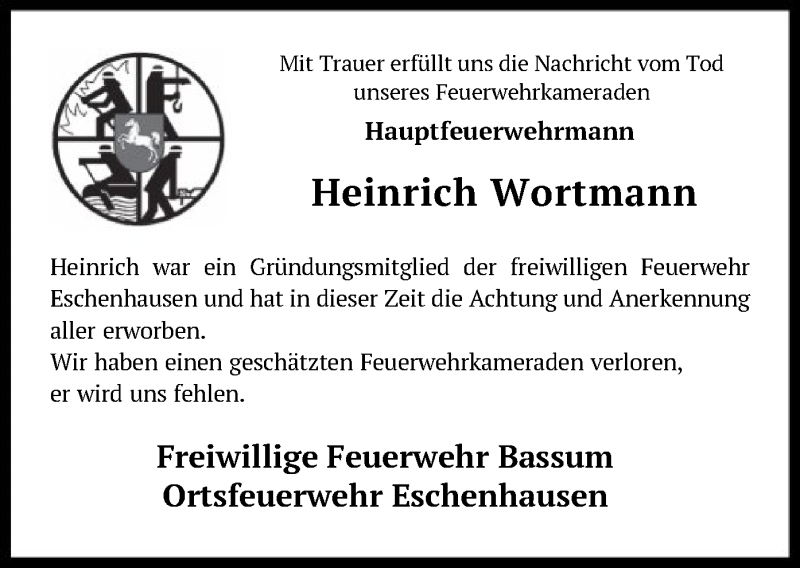  Traueranzeige für Heinrich Wortmann vom 09.01.2021 aus SYK