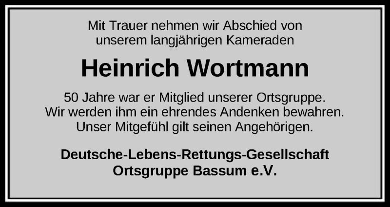  Traueranzeige für Heinrich Wortmann vom 09.01.2021 aus SYK