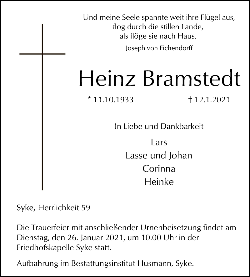  Traueranzeige für Heinz Bramstedt vom 15.01.2021 aus SYK