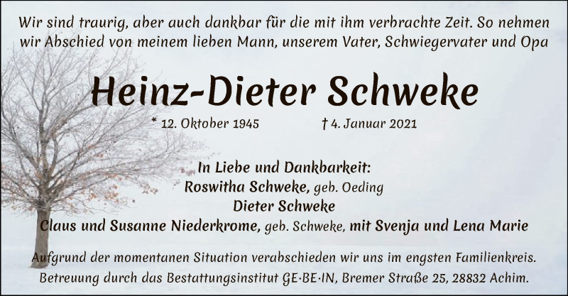 Traueranzeige für Heinz-Dieter Schweke vom 16.01.2021 aus SYK