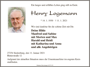 Traueranzeige von Henry Logemann von SYK