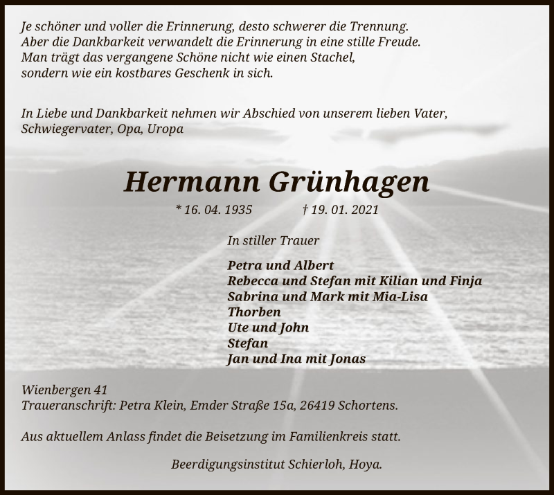  Traueranzeige für Hermann Grünhagen vom 22.01.2021 aus SYK