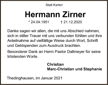 Traueranzeige von Hermann Zirner von SYK