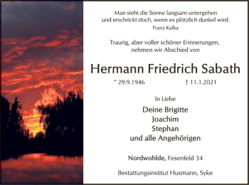 Traueranzeige von Hermann Friedrich Sabath