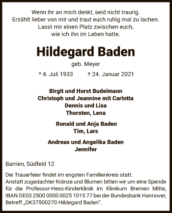 Traueranzeige von Hildegard Baden von SYK