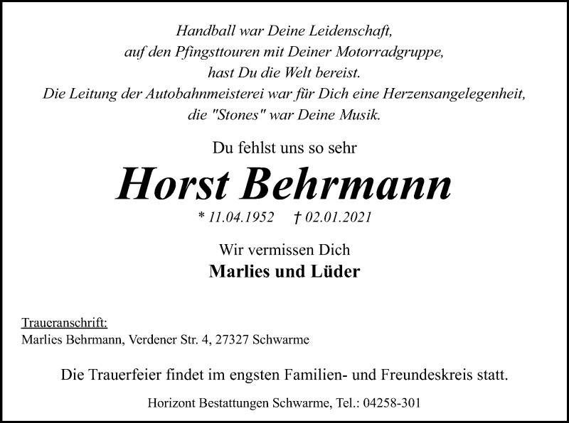  Traueranzeige für Horst Behrmann vom 09.01.2021 aus SYK