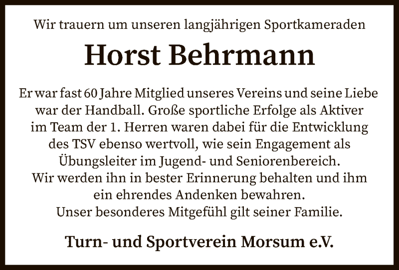  Traueranzeige für Horst Behrmann vom 09.01.2021 aus SYK