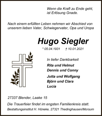 Traueranzeige von Hugo Siegler von SYK