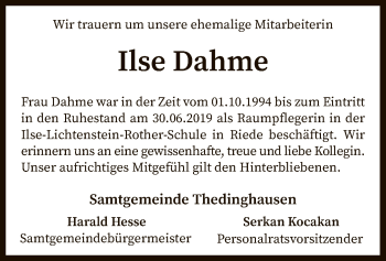 Traueranzeige von Ilse Dahme von SYK