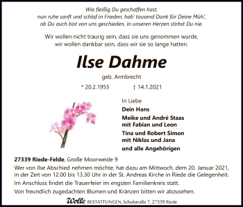 Traueranzeige von Ilse Dahme von SYK