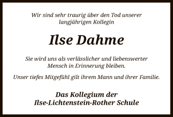 Traueranzeige von Ilse Dahme von SYK