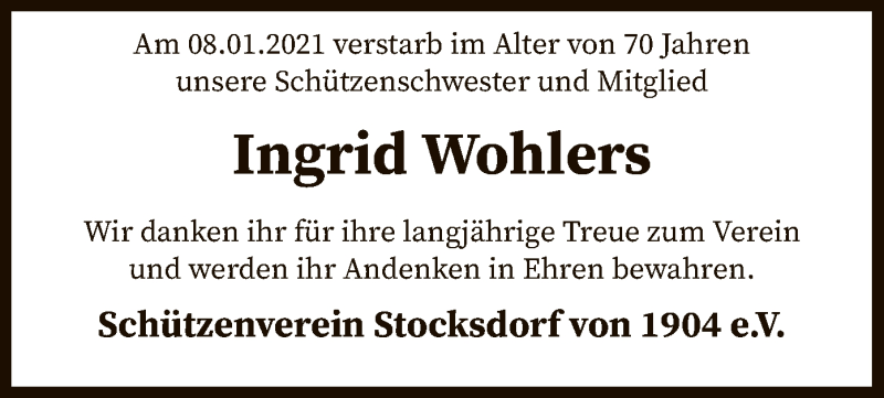  Traueranzeige für Ingrid Wohlers vom 14.01.2021 aus SYK