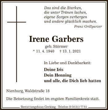 Traueranzeige von Irene Garbers von SYK