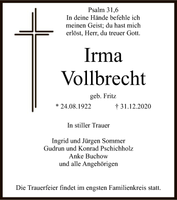 Traueranzeige von Irma Vollbrecht von SYK