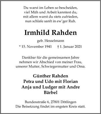 Traueranzeige von Irmhild Rahden von SYK