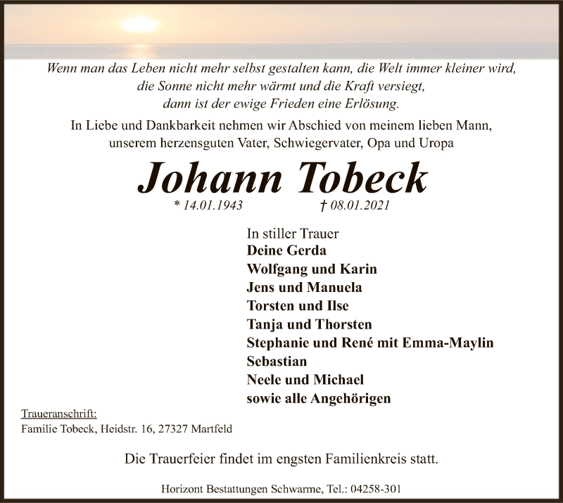  Traueranzeige für Johann Tobeck vom 12.01.2021 aus SYK