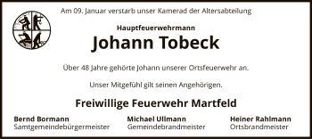 Traueranzeige von Johann Tobeck von SYK