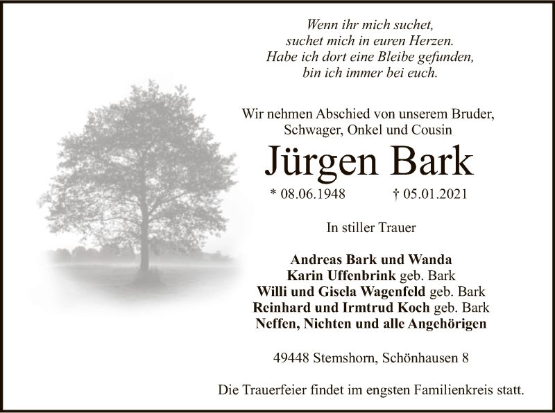  Traueranzeige für Jürgen Bark vom 09.01.2021 aus SYK