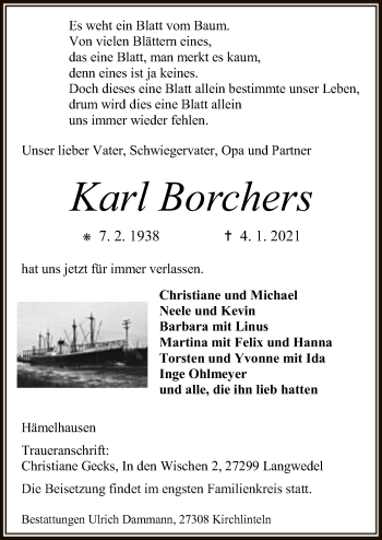 Traueranzeige von Karl Borchers von SYK