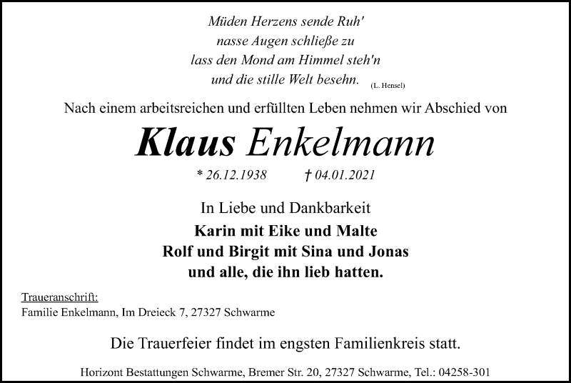  Traueranzeige für Klaus Enkelmann vom 07.01.2021 aus SYK