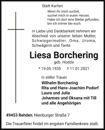 Traueranzeige von Liesa Borchering von SYK